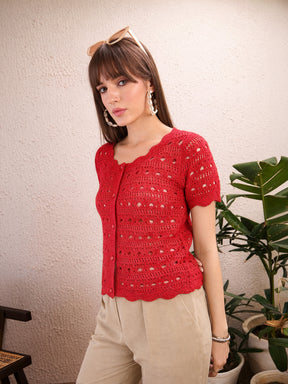 Red Round Neck Crochet Top-SASSAFRAS