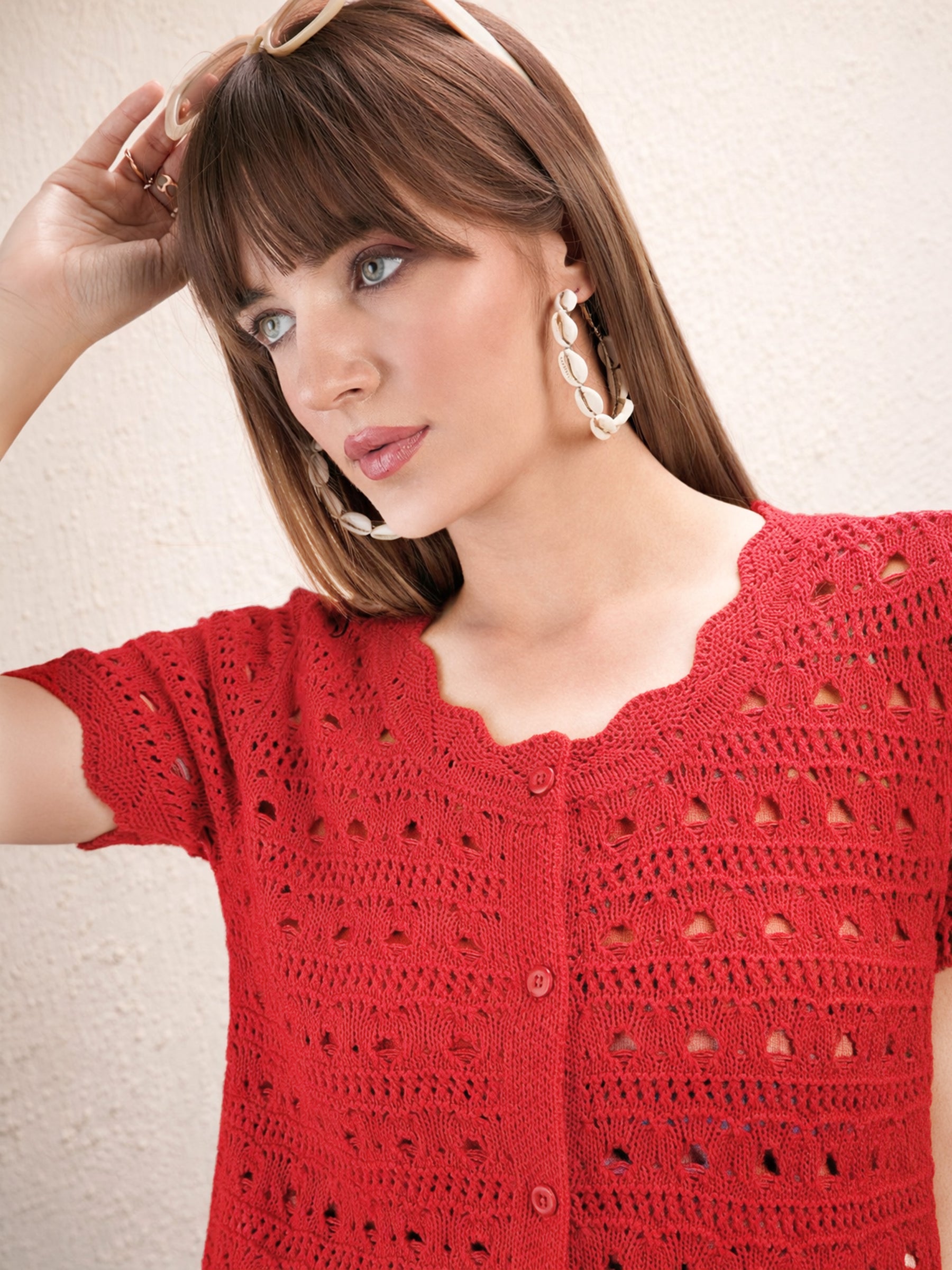 Red Round Neck Crochet Top-SASSAFRAS