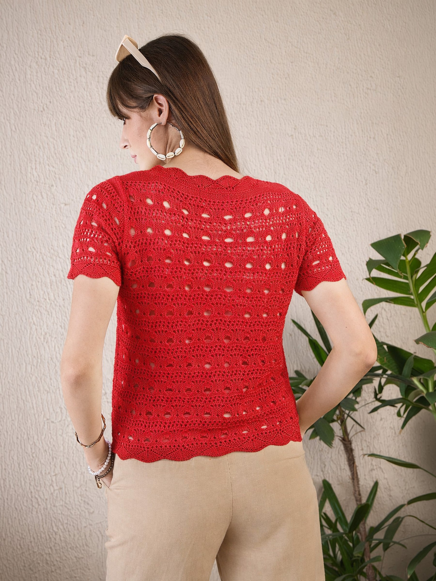 Red Round Neck Crochet Top-SASSAFRAS