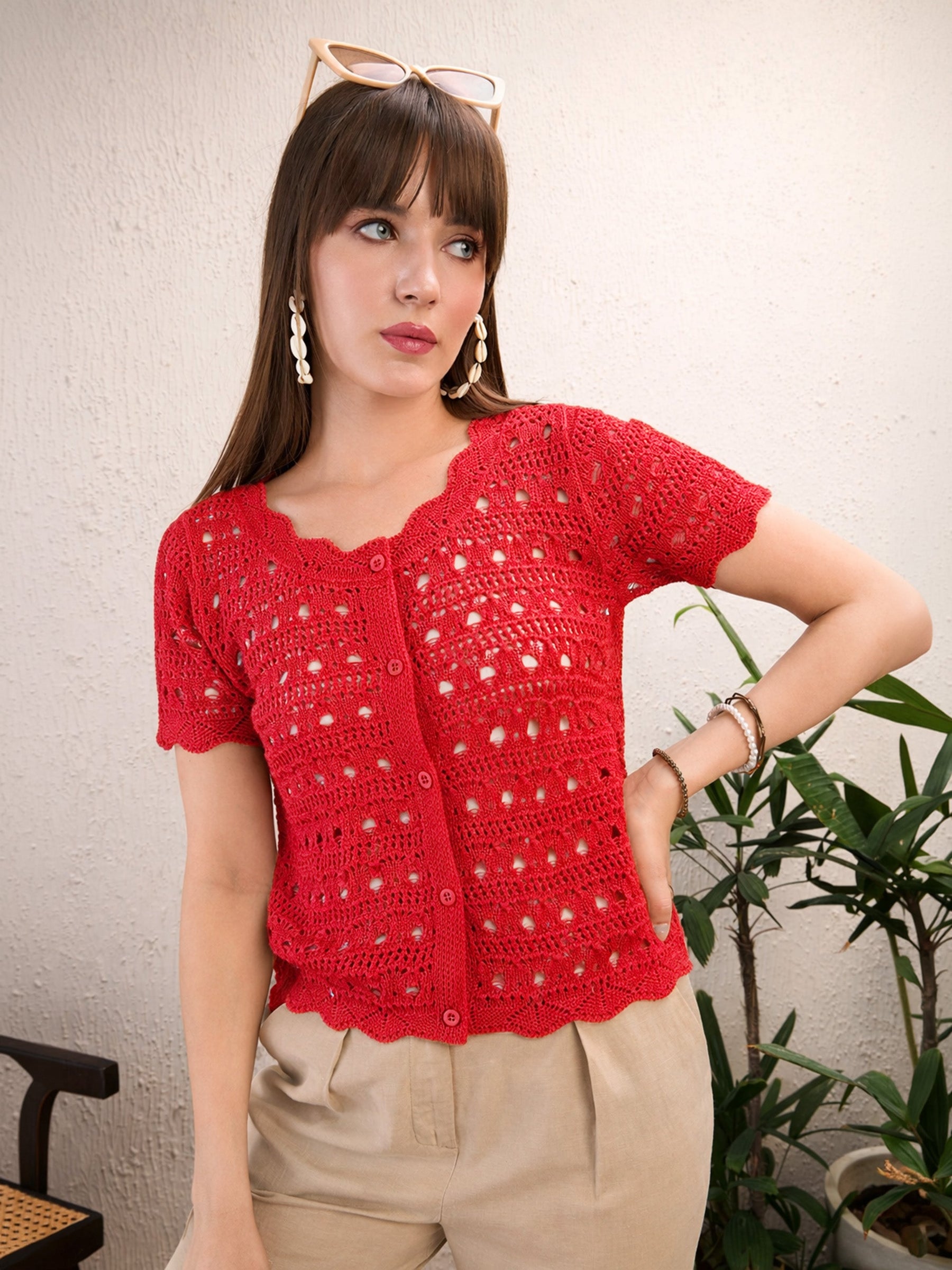 Women Red Round Neck Crochet Top