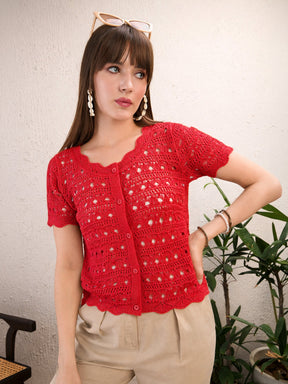 Women Red Round Neck Crochet Top
