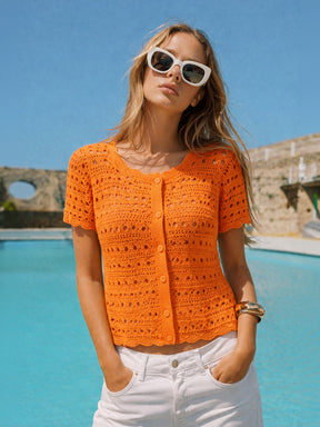 Women Orange Round Neck Crochet Top