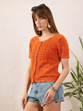Orange Round Neck Crochet Top-SASSAFRAS