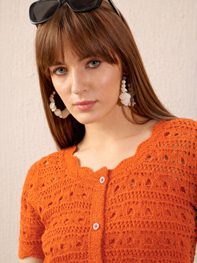 Orange Round Neck Crochet Top-SASSAFRAS