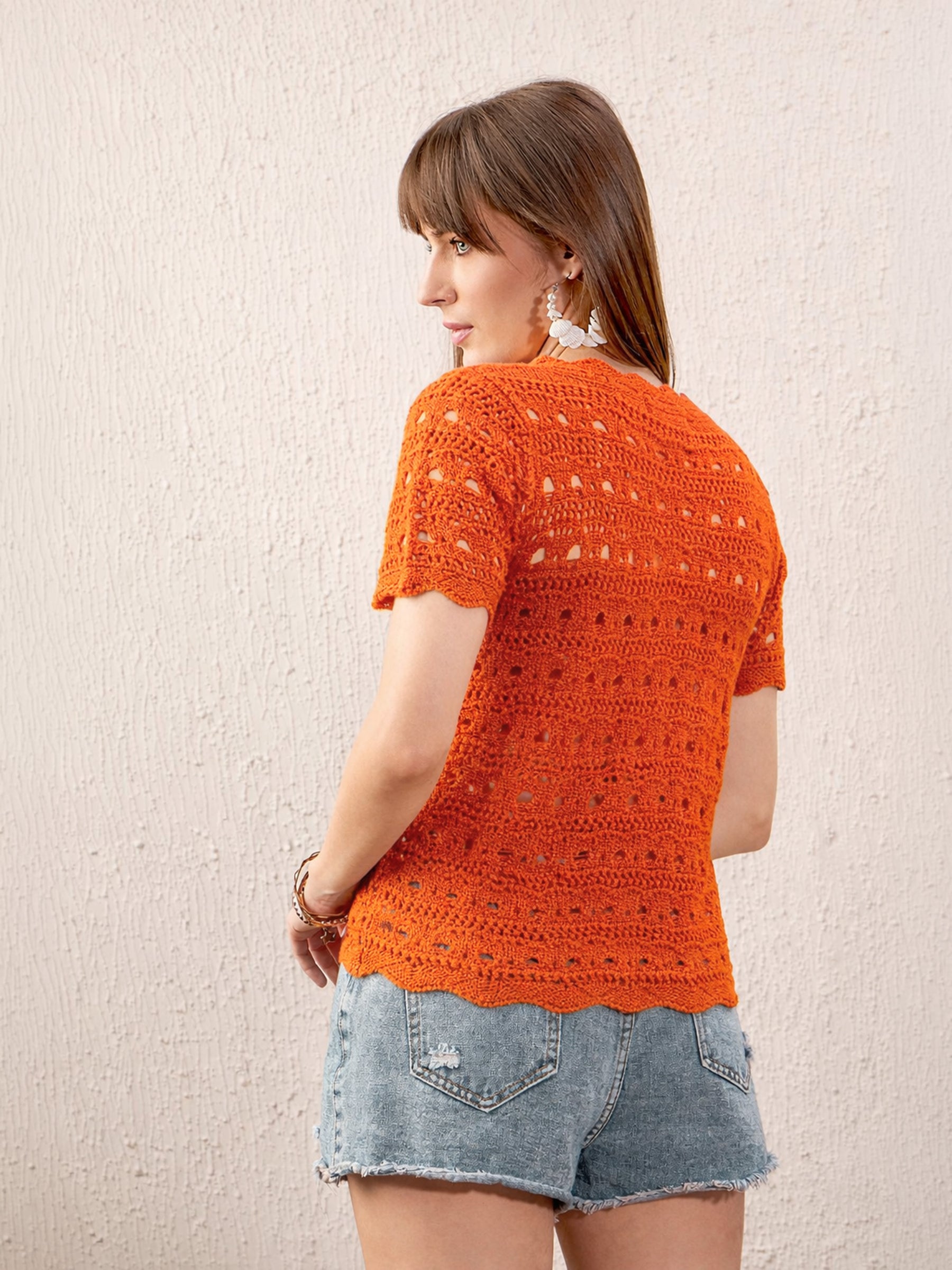 Orange Round Neck Crochet Top-SASSAFRAS