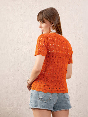 Orange Round Neck Crochet Top-SASSAFRAS