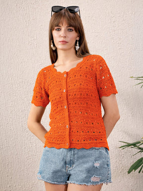 Women Orange Round Neck Crochet Top