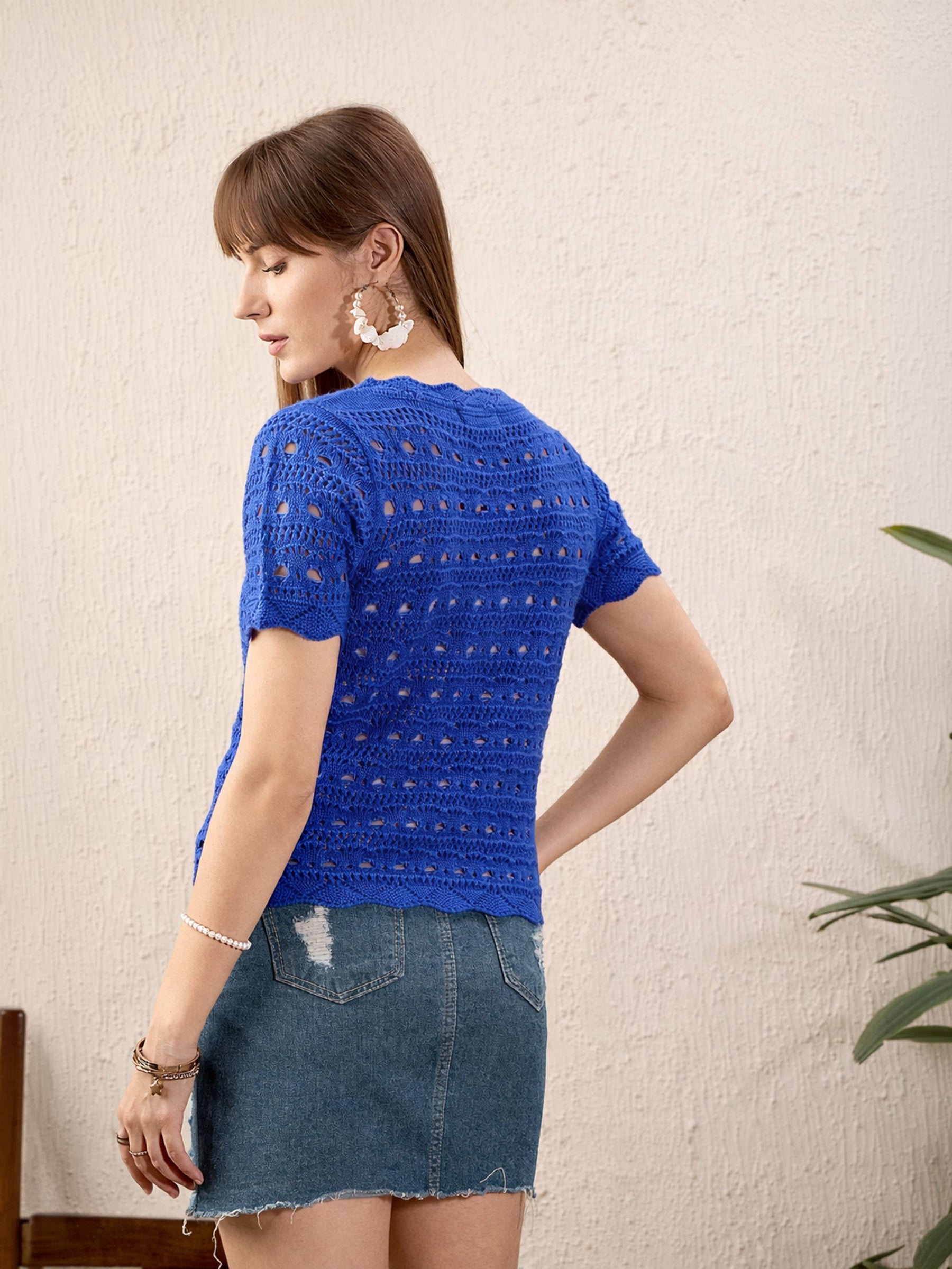 Women Blue Round Neck Crochet Top