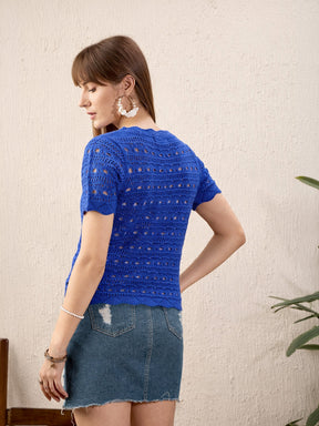 Women Blue Round Neck Crochet Top