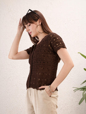 Brown Round Neck Crochet Top-SASSAFRAS