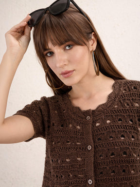 Brown Round Neck Crochet Top-SASSAFRAS