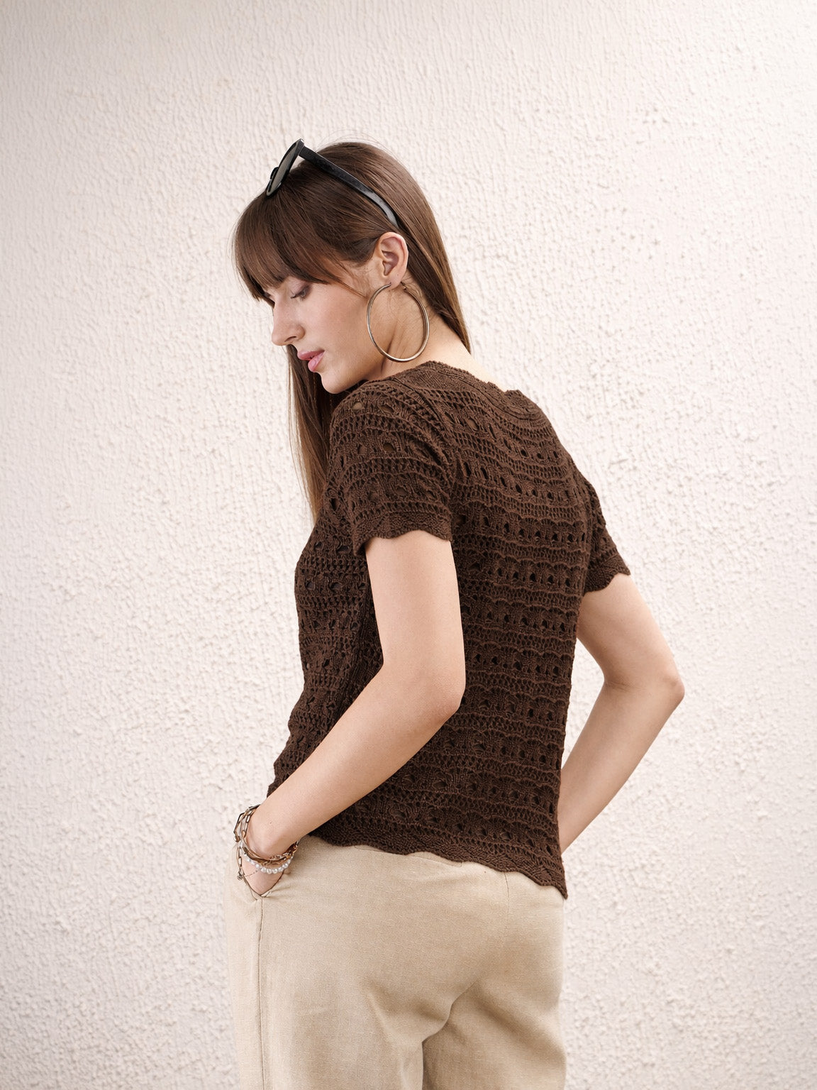 Brown Round Neck Crochet Top-SASSAFRAS