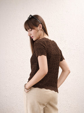 Brown Round Neck Crochet Top-SASSAFRAS