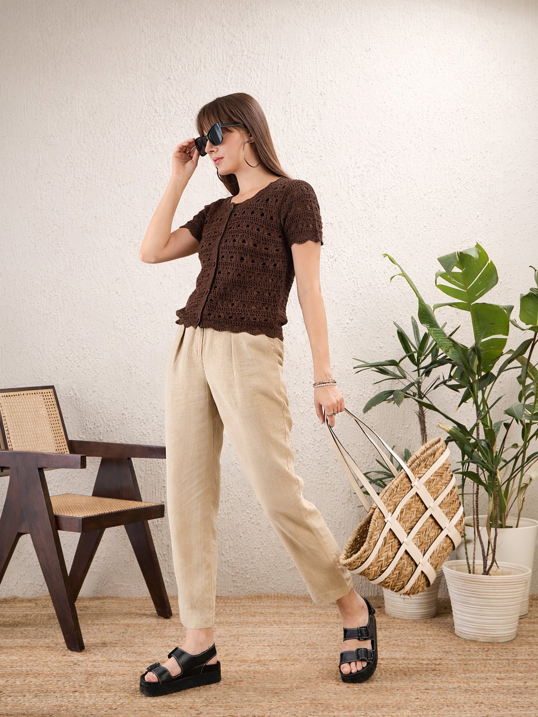 Women Brown Round Neck Crochet Top