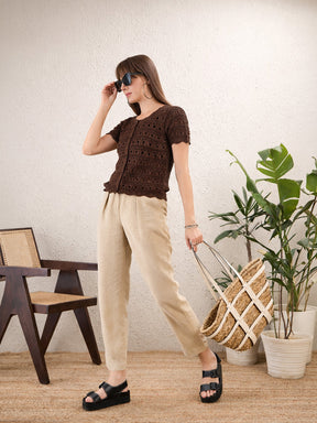 Women Brown Round Neck Crochet Top