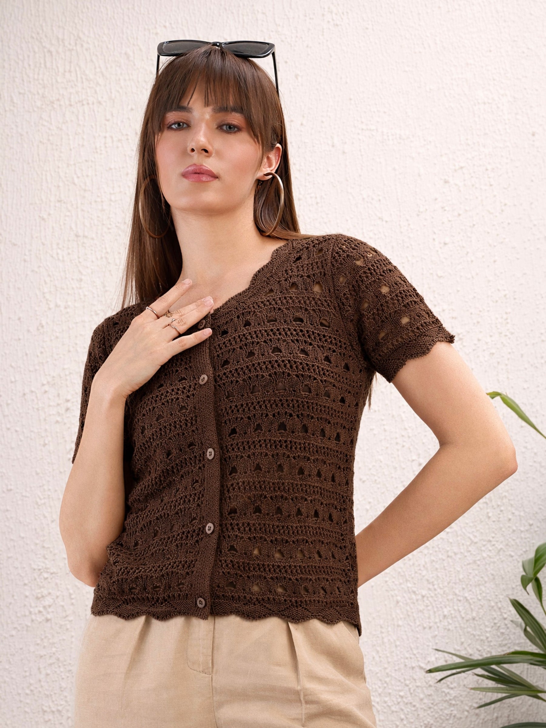 Women Brown Round Neck Crochet Top