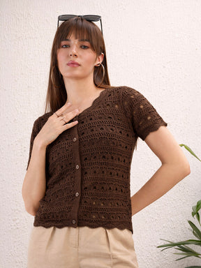 Women Brown Round Neck Crochet Top