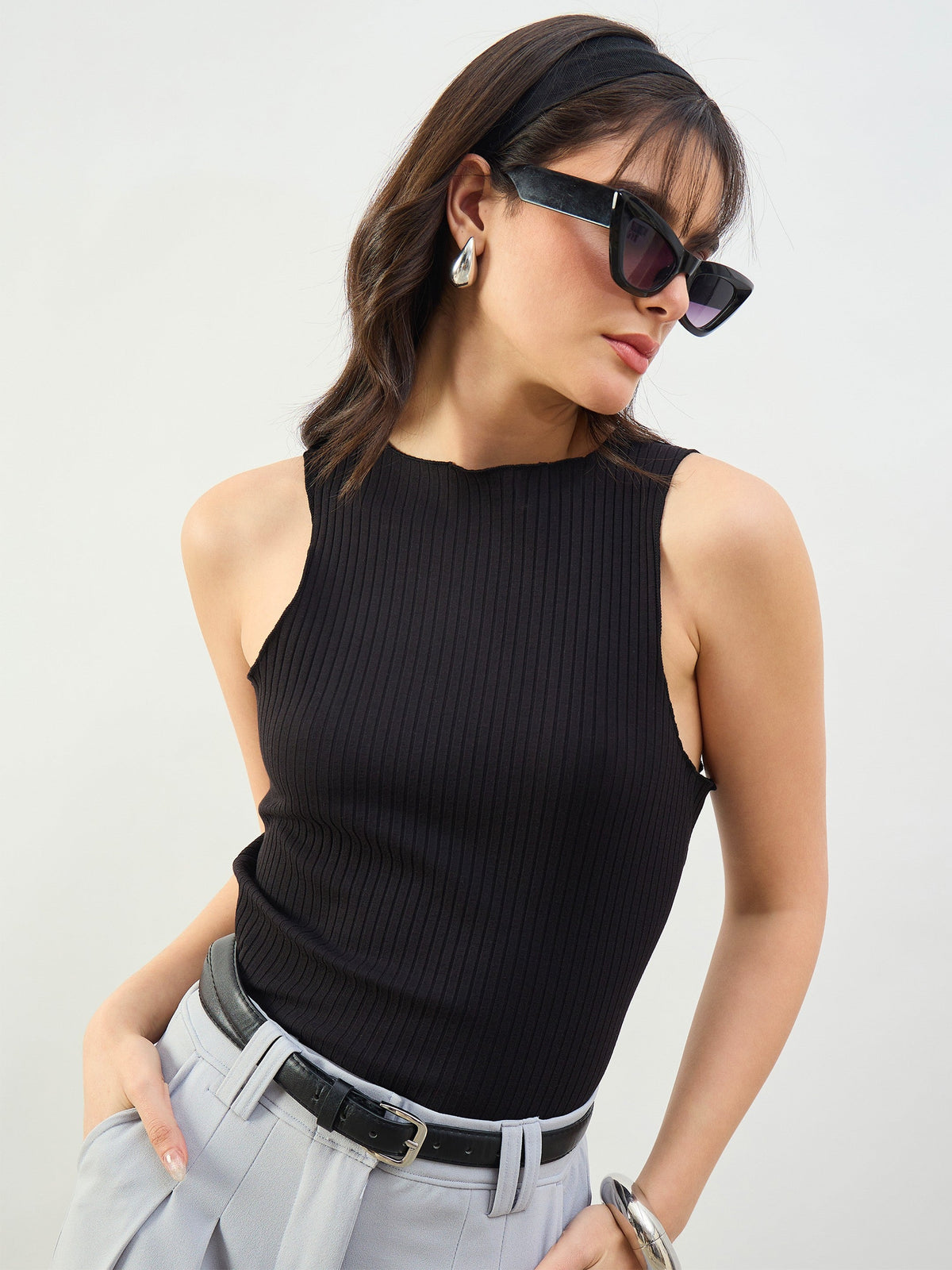 Black Rib Overlock Detail Tank Top-SASSAFRAS BASICS