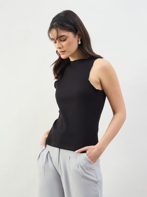 Black Rib Overlock Detail Tank Top-SASSAFRAS BASICS
