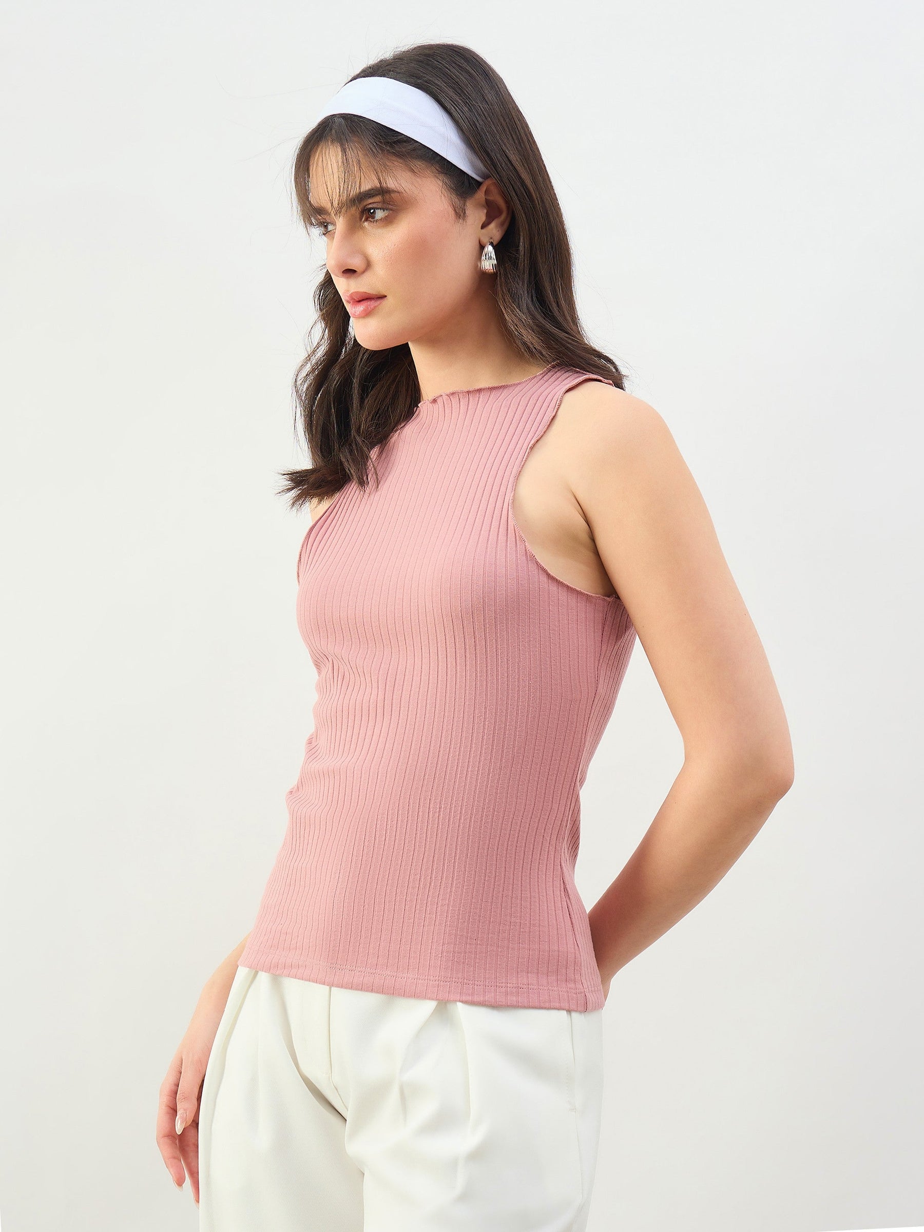 Pink Rib Overlock Detail Tank Top-SASSAFRAS BASICS