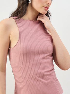 Pink Rib Overlock Detail Tank Top-SASSAFRAS BASICS