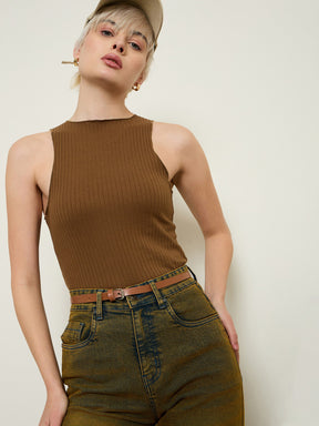 Tan Rib Overlock Detail Tank Top-SASSAFRAS BASICS