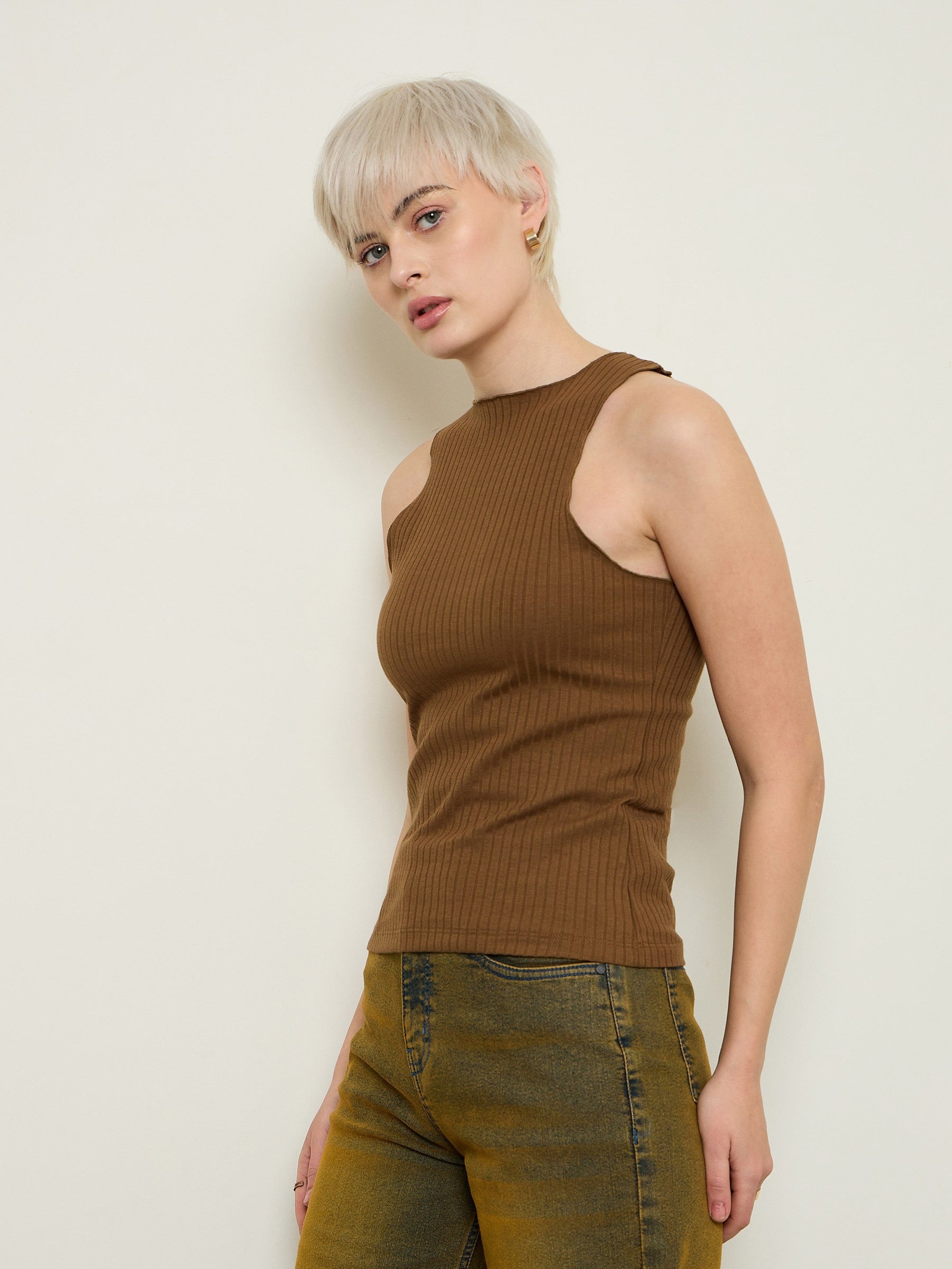 Tan Rib Overlock Detail Tank Top-SASSAFRAS BASICS