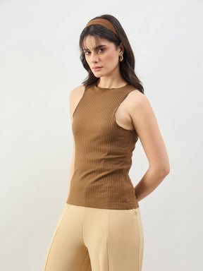 Tan Rib Overlock Detail Tank Top-SASSAFRAS BASICS
