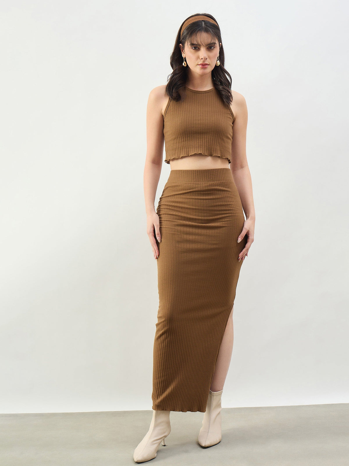 Tan Rib Crop Tank Top With Pencil Skirt-SASSAFRAS BASICS