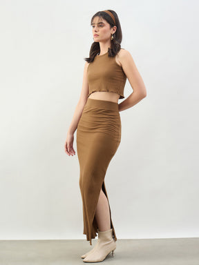 Tan Rib Crop Tank Top With Pencil Skirt-SASSAFRAS BASICS