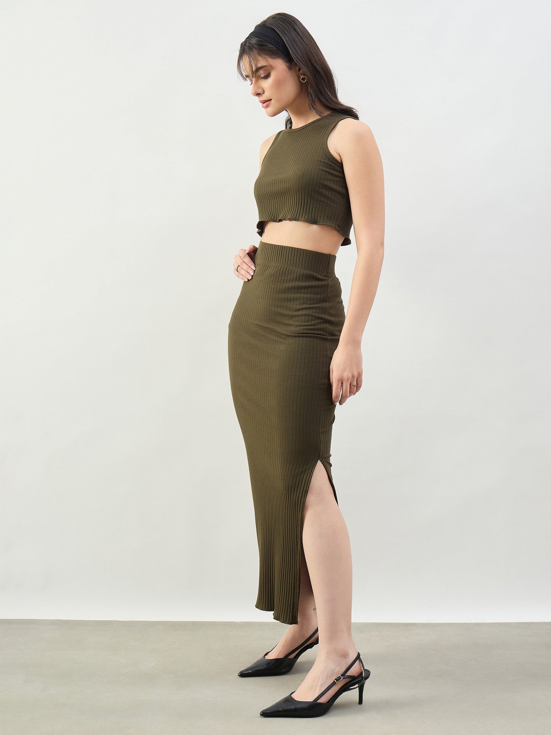 Olive Rib Crop Tank Top With Pencil Skirt-SASSAFRAS BASICS