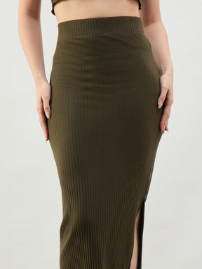 Olive Rib Crop Tank Top With Pencil Skirt-SASSAFRAS BASICS