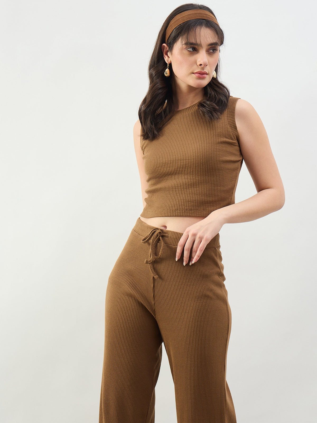 Tan Rib Short Tank Top With Drawstring Pants-SASSAFRAS BASICS