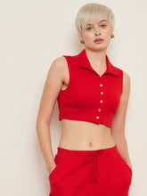 Red Rib Polo Neck Crop Top-SASSAFRAS BASICS
