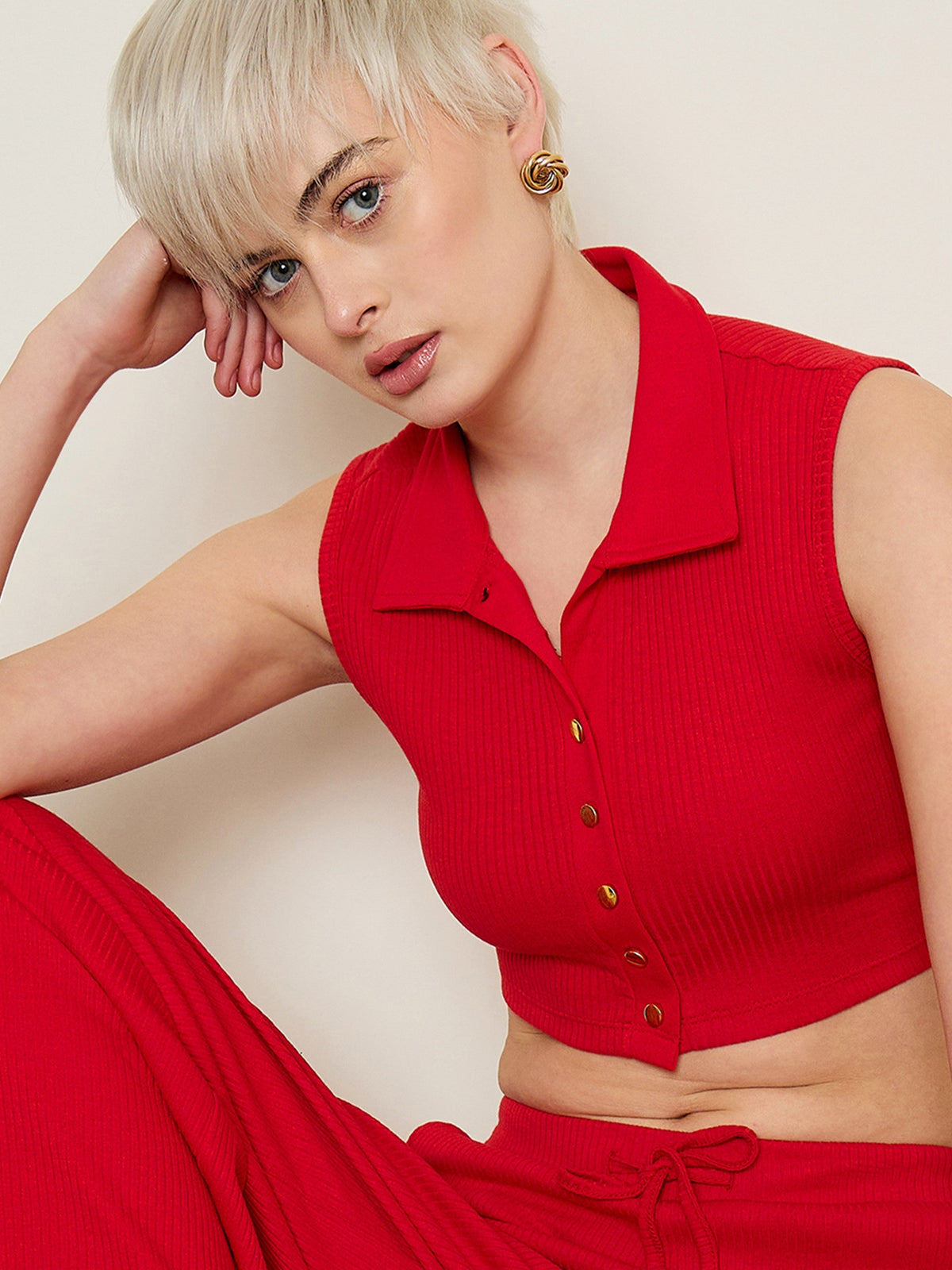 Red Rib Polo Neck Crop Top-SASSAFRAS BASICS