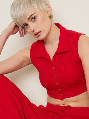 Red Rib Polo Neck Crop Top-SASSAFRAS BASICS
