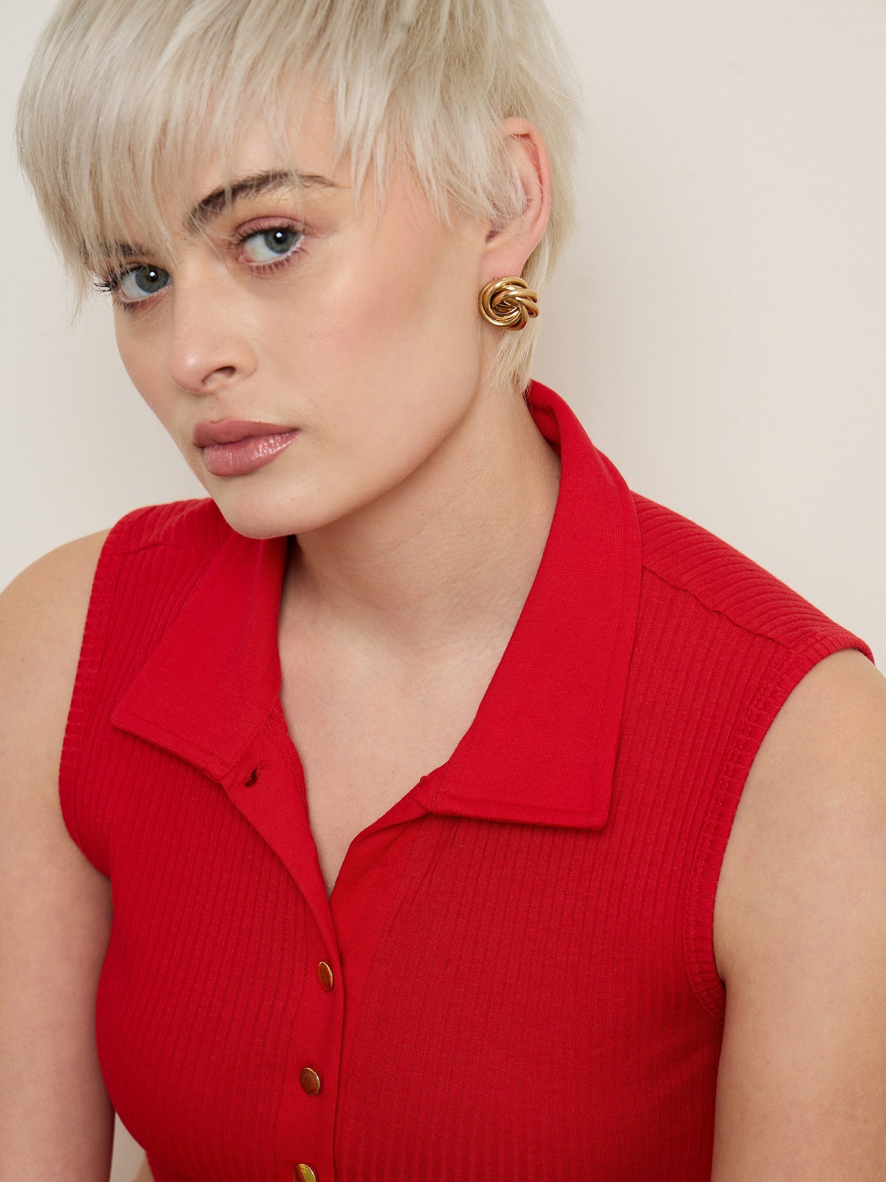 Red Rib Polo Neck Crop Top-SASSAFRAS BASICS