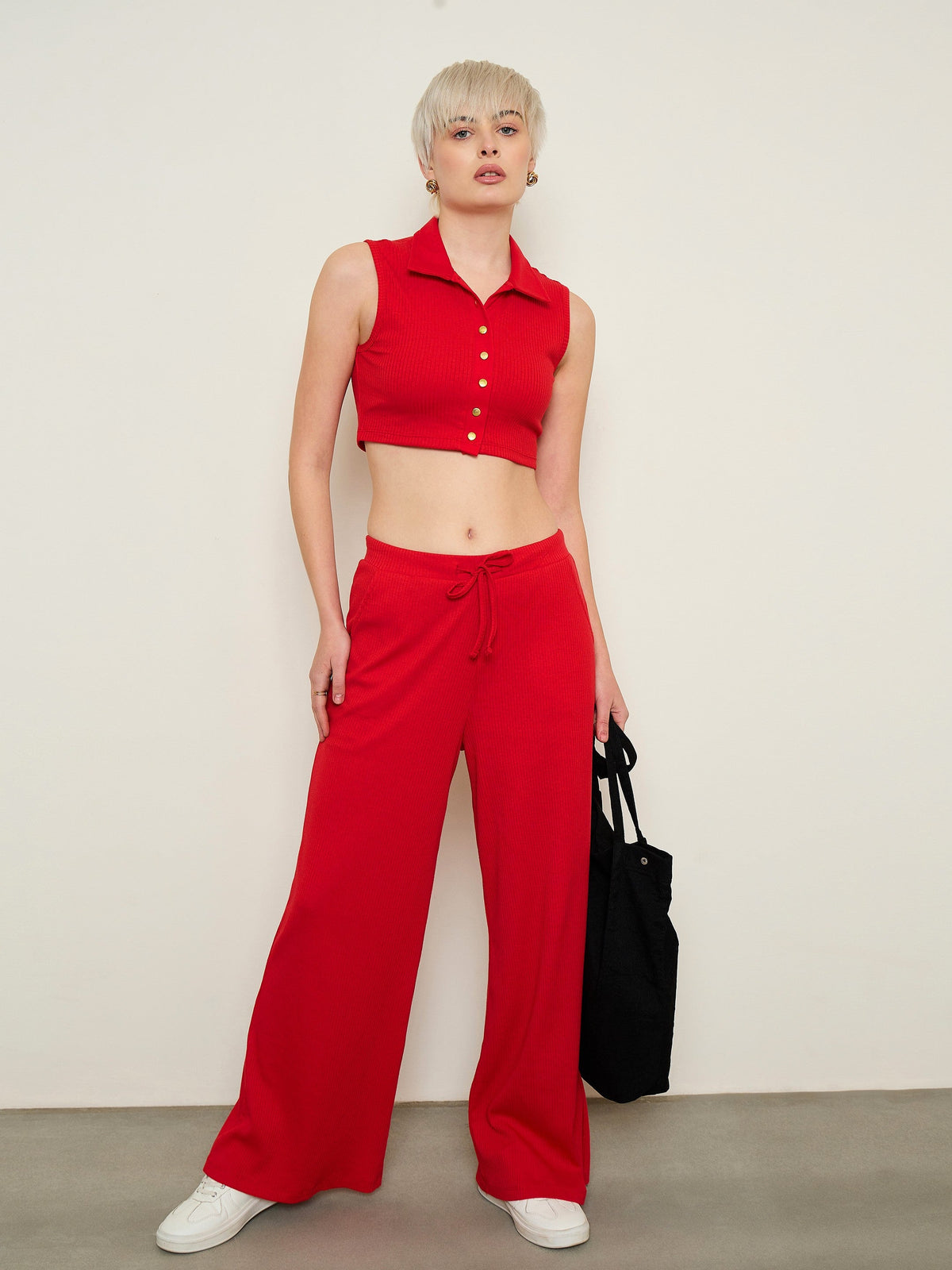 Red Rib Polo Neck Crop Top With Drawstring Pants-SASSAFRAS BASICS