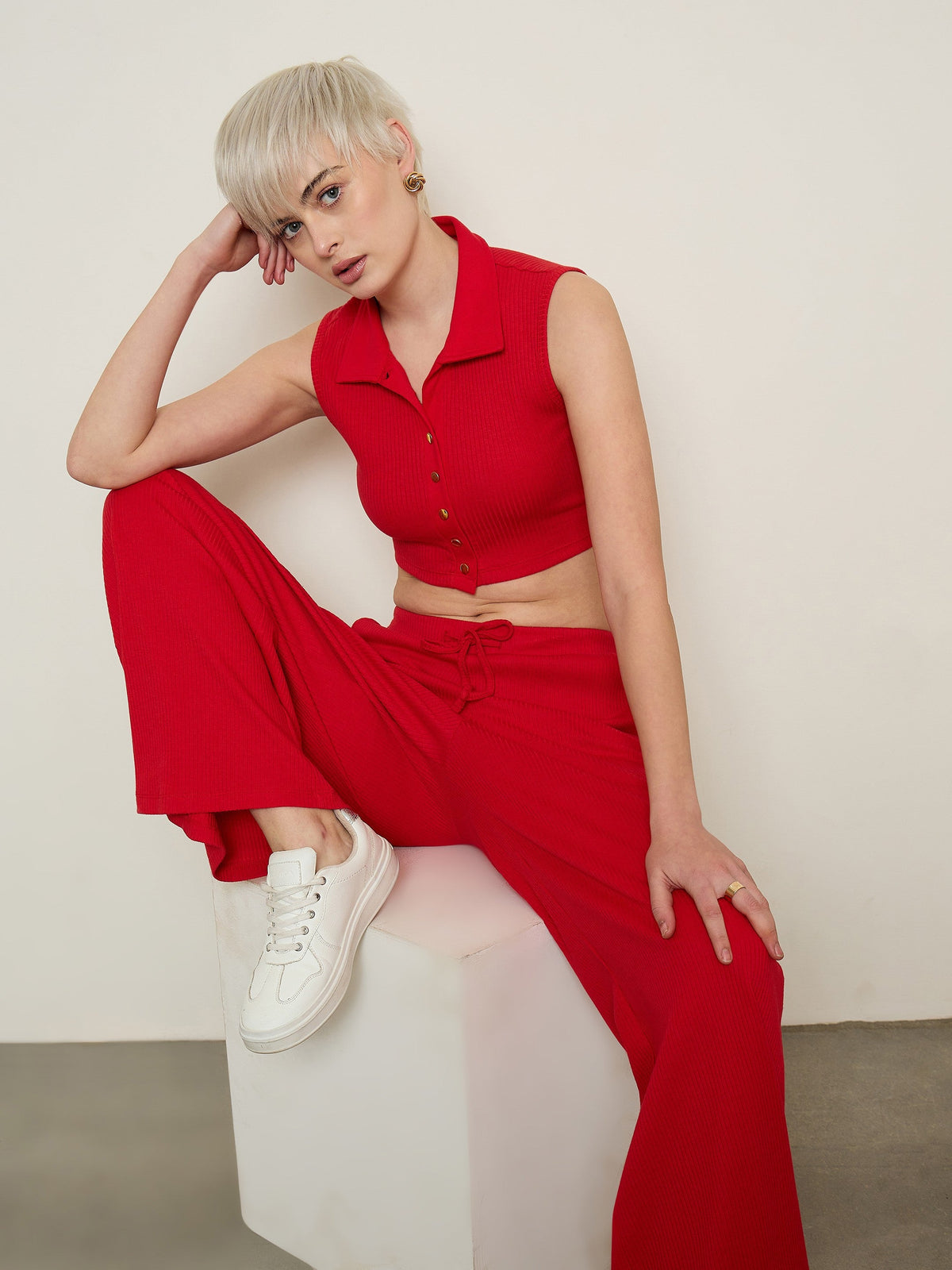 Red Rib Polo Neck Crop Top With Drawstring Pants-SASSAFRAS BASICS