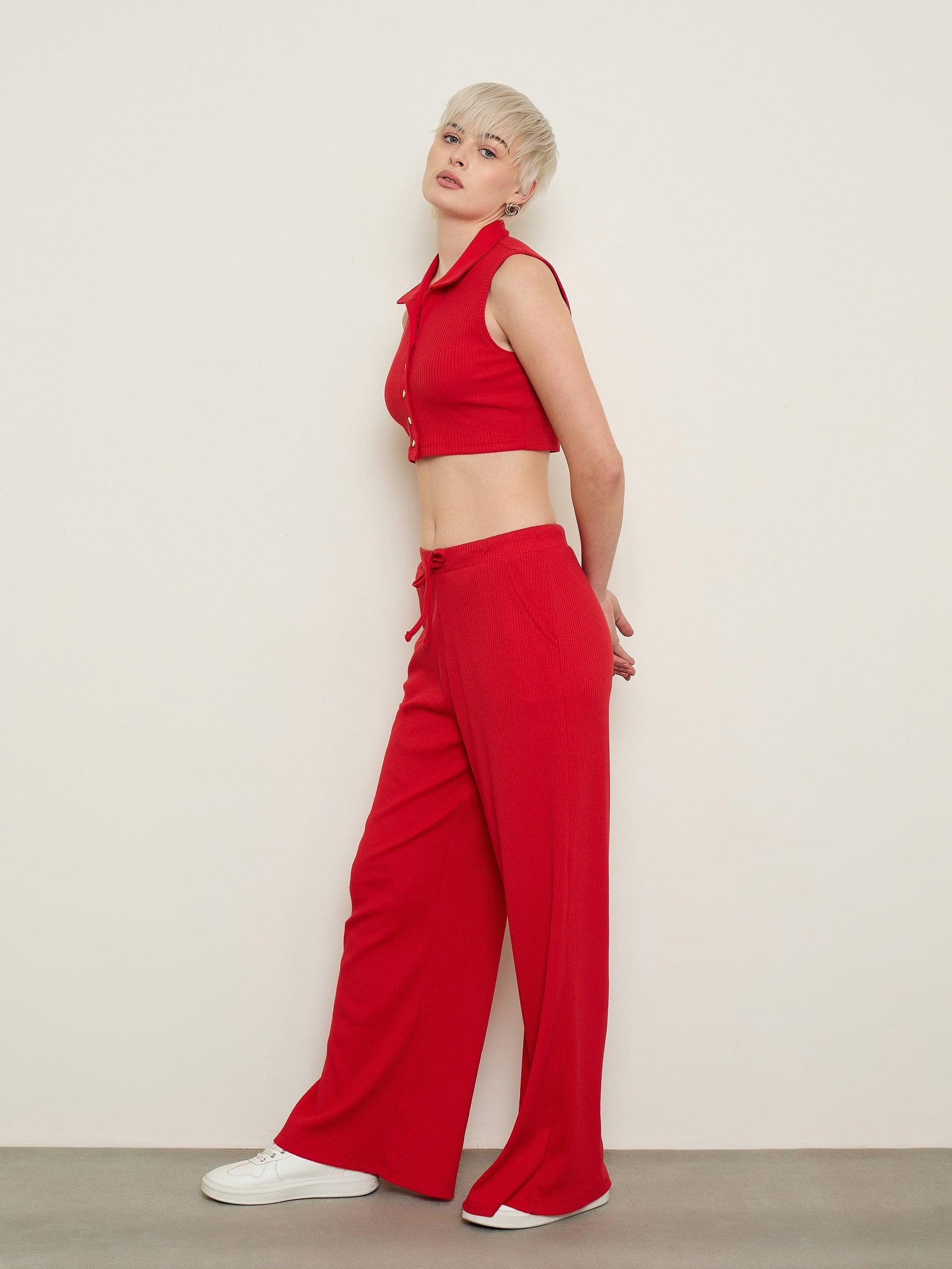 Red Rib Polo Neck Crop Top With Drawstring Pants-SASSAFRAS BASICS