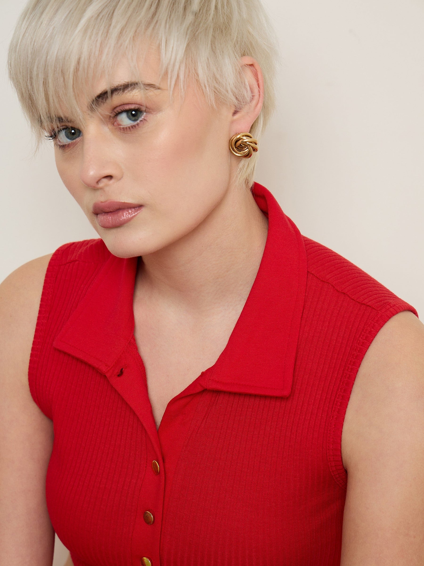Red Rib Polo Neck Crop Top With Drawstring Pants-SASSAFRAS BASICS