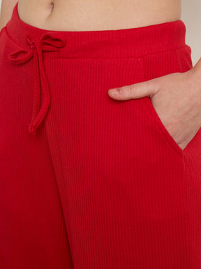 Red Rib Polo Neck Crop Top With Drawstring Pants-SASSAFRAS BASICS
