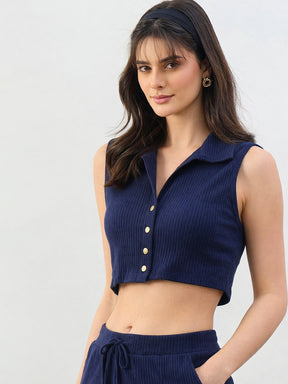 Navy Rib Polo Neck Crop Top-SASSAFRAS BASICS