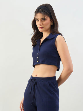 Navy Rib Polo Neck Crop Top-SASSAFRAS BASICS