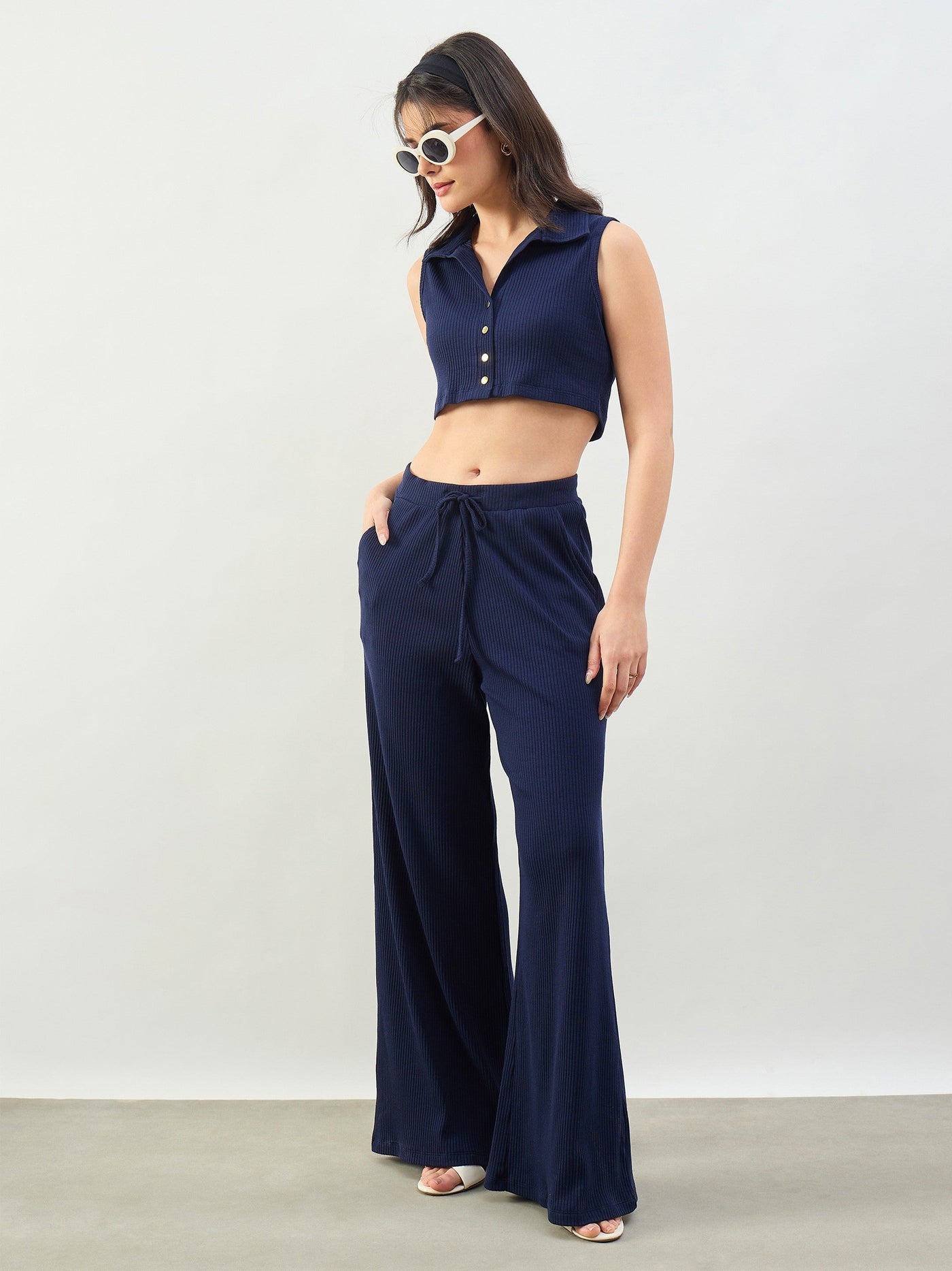 Navy Rib Polo Neck Crop Top With Drawstring Pants-SASSAFRAS BASICS