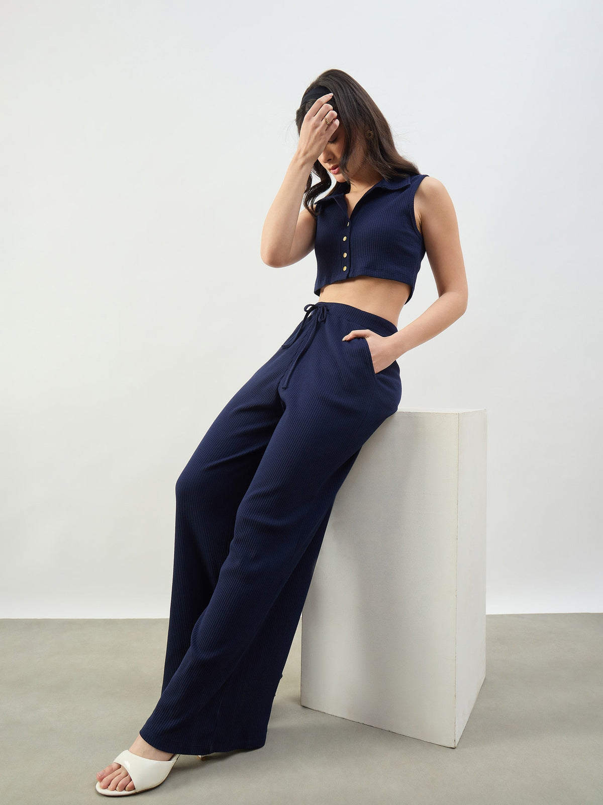 Navy Rib Polo Neck Crop Top With Drawstring Pants-SASSAFRAS BASICS