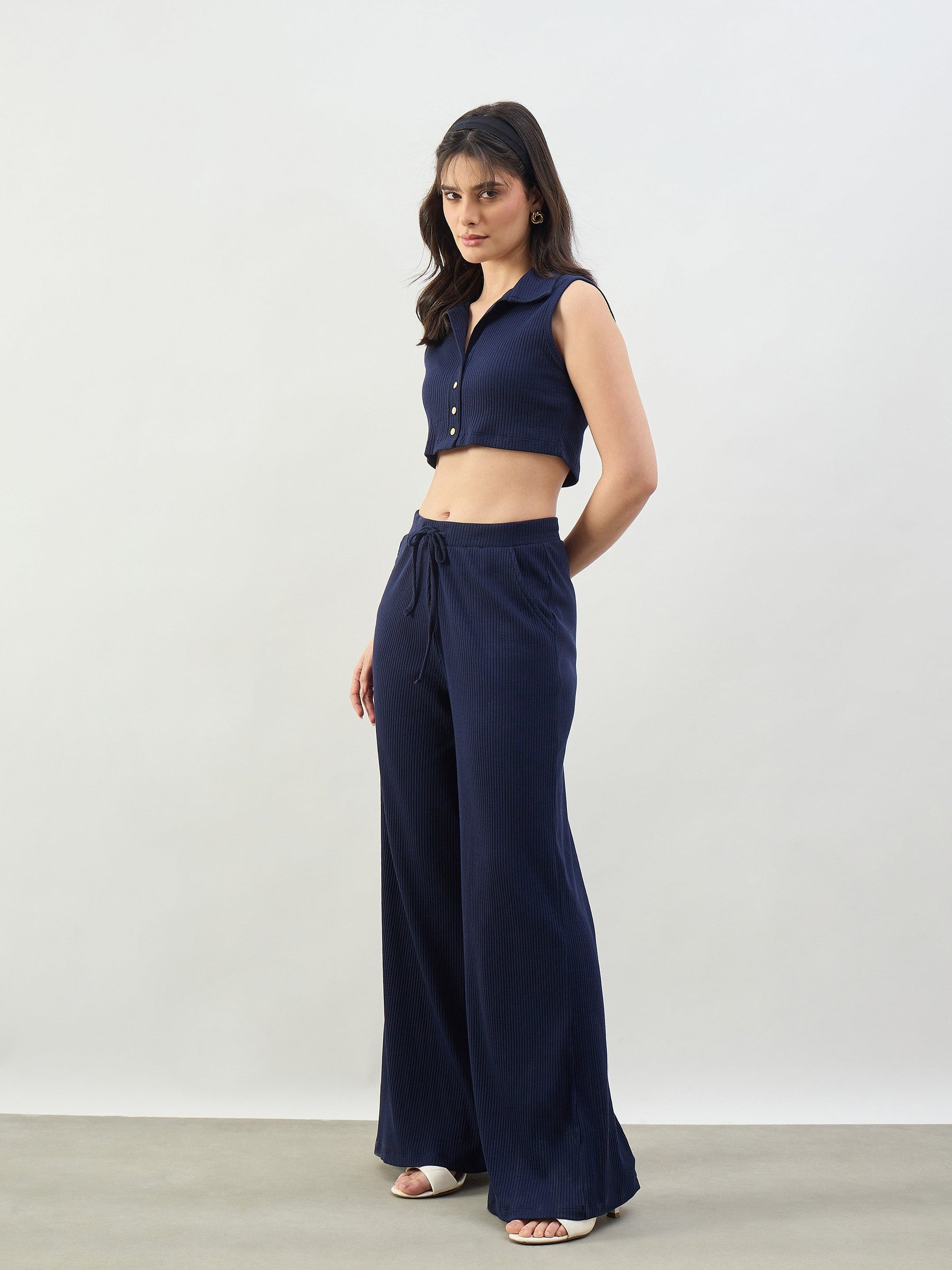Navy Rib Polo Neck Crop Top With Drawstring Pants-SASSAFRAS BASICS