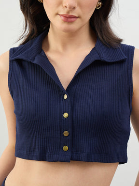 Navy Rib Polo Neck Crop Top With Drawstring Pants-SASSAFRAS BASICS