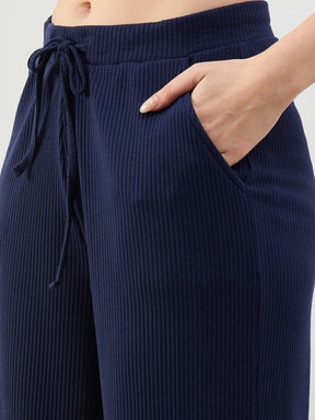 Navy Rib Polo Neck Crop Top With Drawstring Pants-SASSAFRAS BASICS