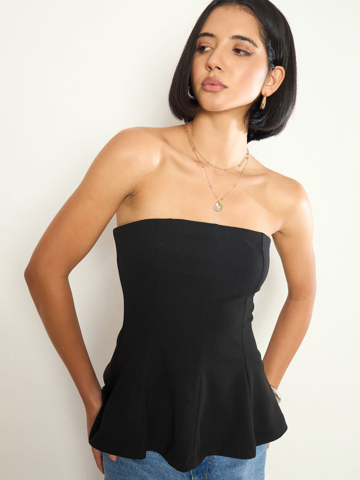 Black Off Shoulder Peplum Top-SASSAFRAS